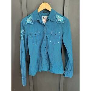 Roar Women’s Western Blue Shirt - Sequined And Pearl Snaps, See Notes